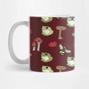 Burgundy Cottagecore Mushroom and Frog Pattern Mug